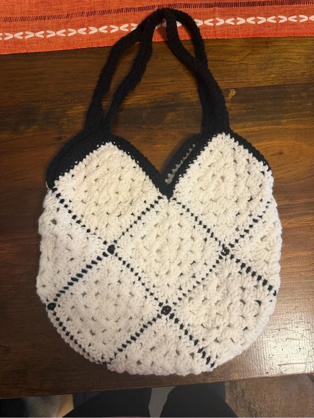 Handmade Crochet White and Black Women’s Tote Bag